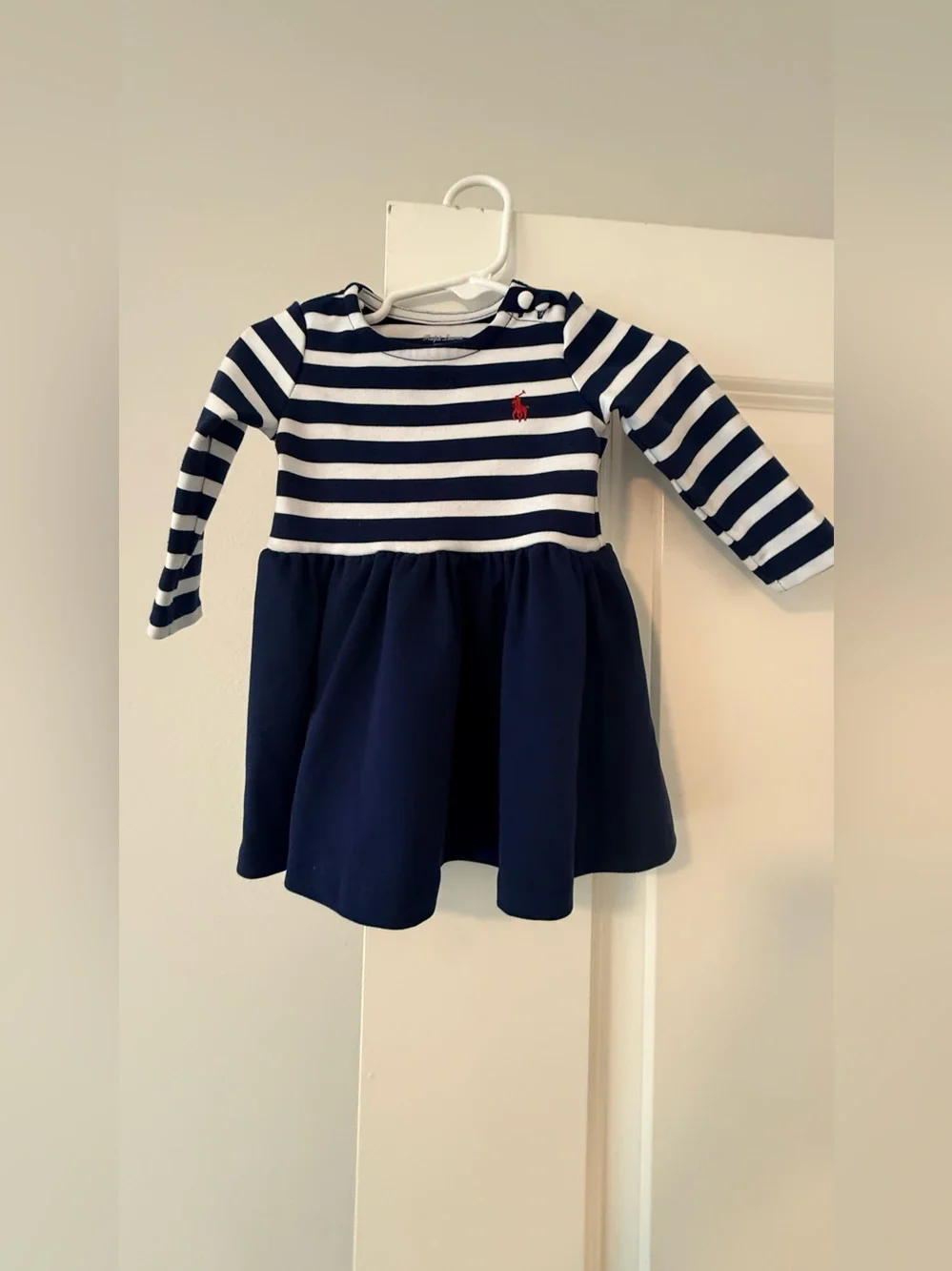 Ralph Lauren Navy & White Striped Long-Sleeve Dress with Red Polo Logo